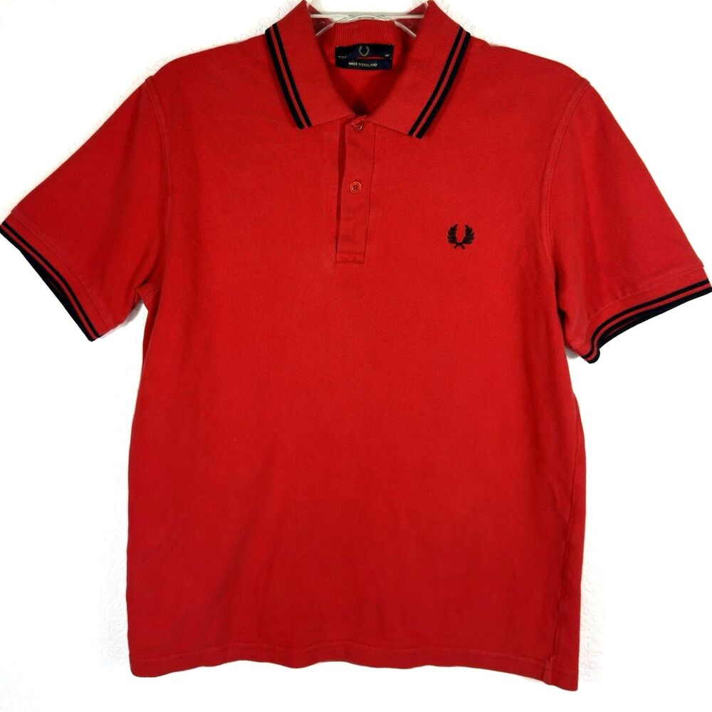 Fred Perry Polo Shirt Mens 40 Medium Red Navy Twin Tipped Made in England Mod